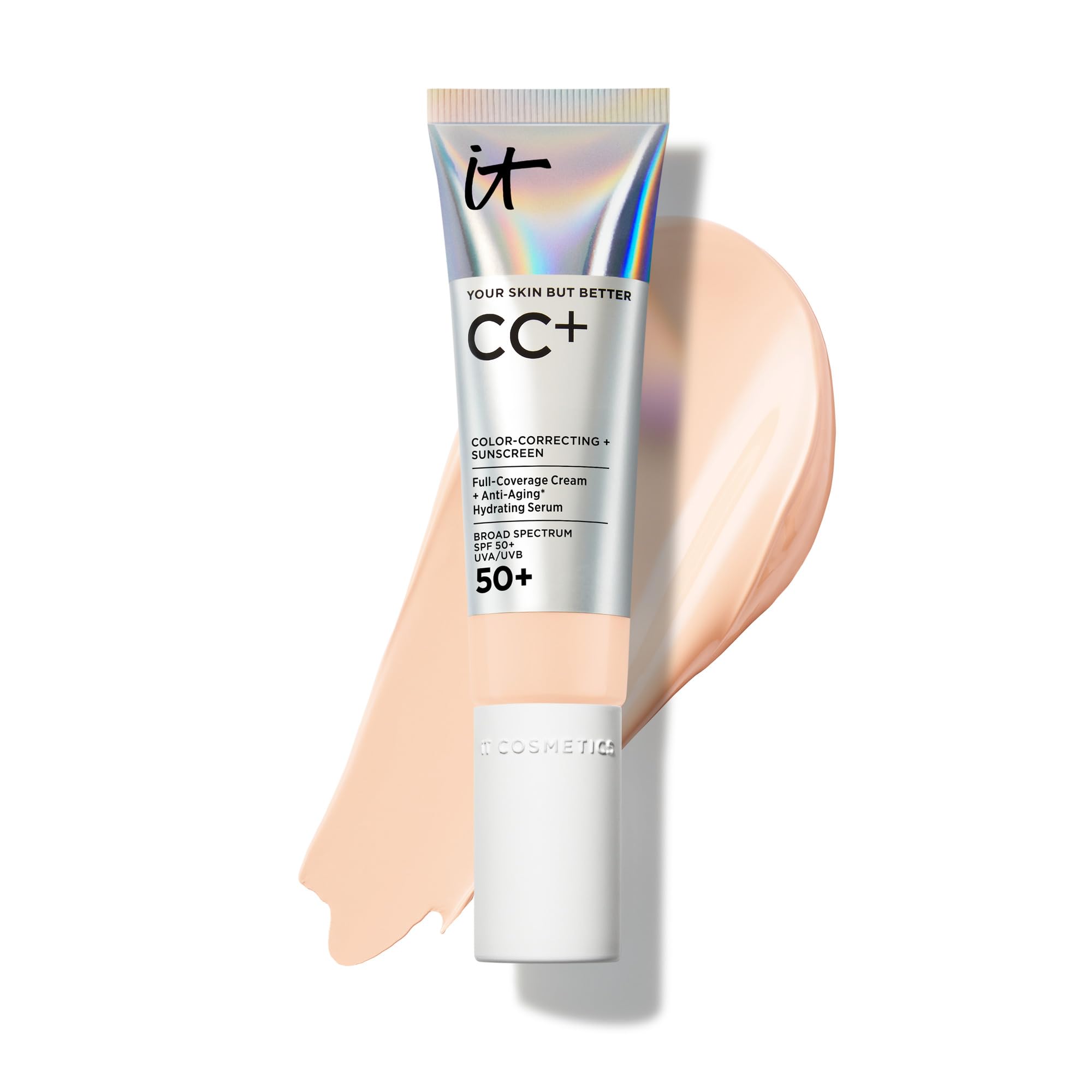 IT Cosmetics CC+ Cream - Natural Full Coverage Foundation With SPF 50+, Color Corrector & Anti-Aging Hydrating Serum, Hyaluronic Acid + Peptides, Lightweight Up To 24H Wear, All Skin Types