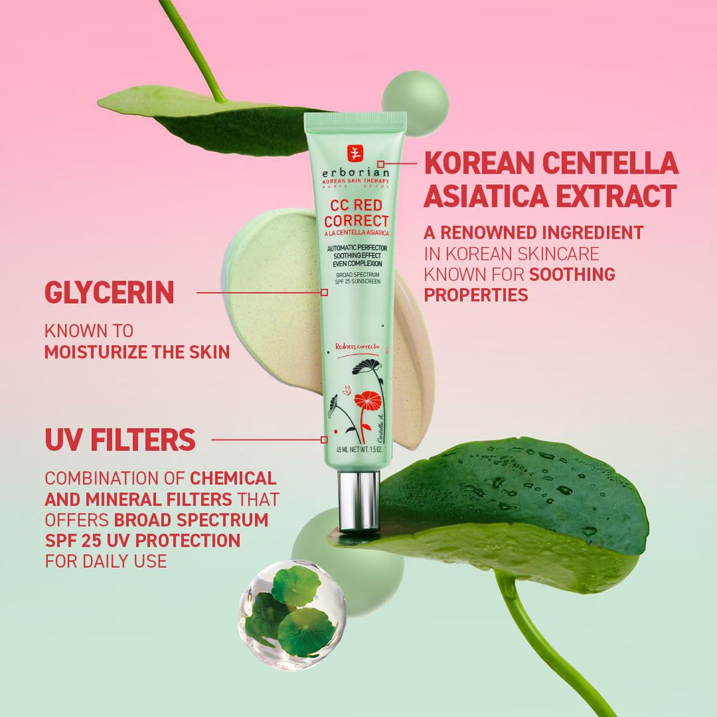 Erborian CC Red Color Correcting SPF 25 Green Pigment Cream, Neutralizes Redness, Calms Skin, Lightweight, Tone‑Perfecting Primer, Korean Skincare