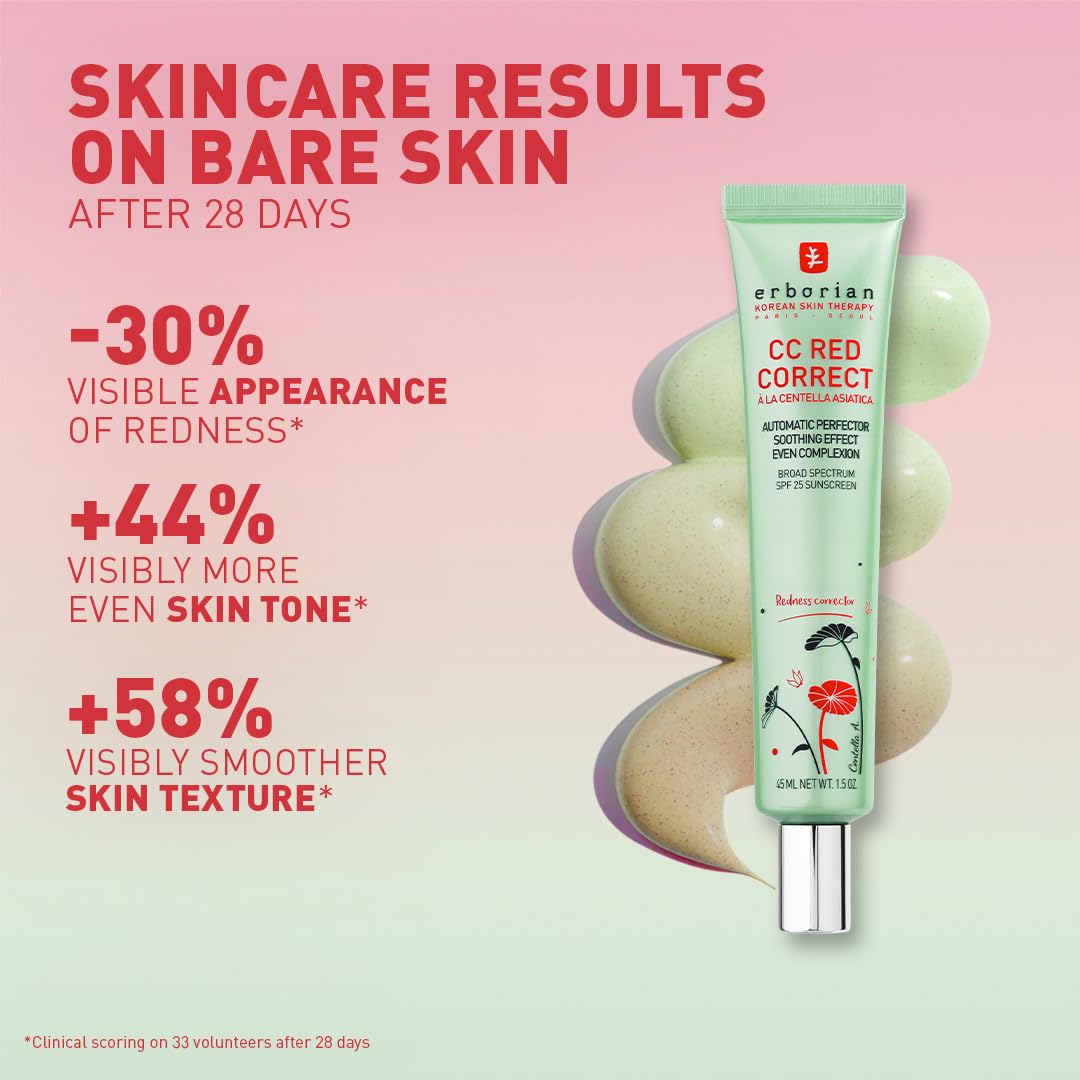 Erborian CC Red Color Correcting SPF 25 Green Pigment Cream, Neutralizes Redness, Calms Skin, Lightweight, Tone‑Perfecting Primer, Korean Skincare