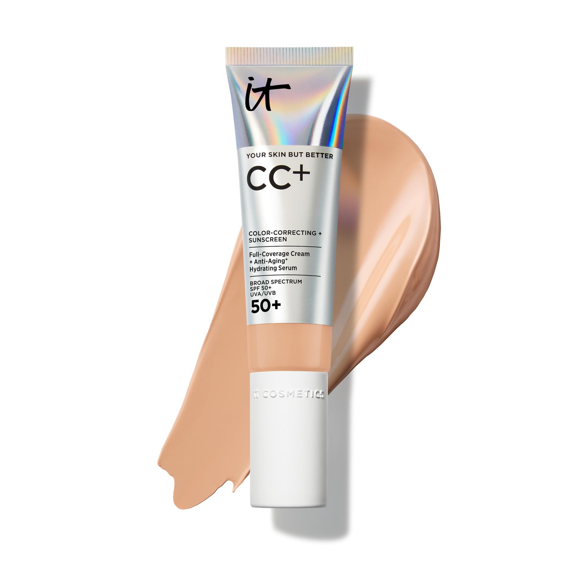 IT Cosmetics CC+ Cream - Natural Full Coverage Foundation With SPF 50+, Color Corrector & Anti-Aging Hydrating Serum, Hyaluronic Acid + Peptides, Lightweight Up To 24H Wear, All Skin Types