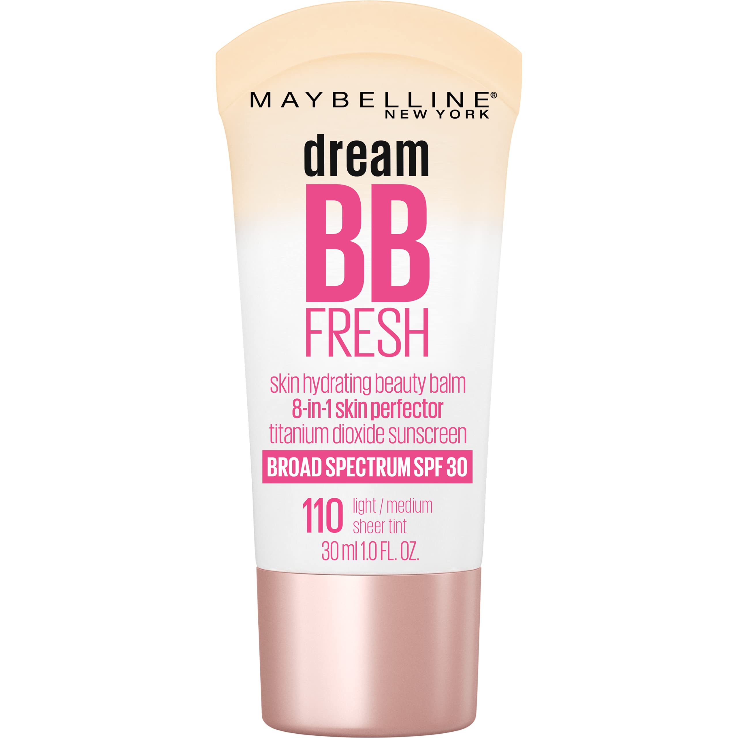 Maybelline Dream Fresh Skin Hydrating BB cream, 8-in-1 Skin Perfecting Beauty Balm with Broad Spectrum SPF 30, Sheer Tint Coverage, Oil-Free, Medium, 1 Fl Oz