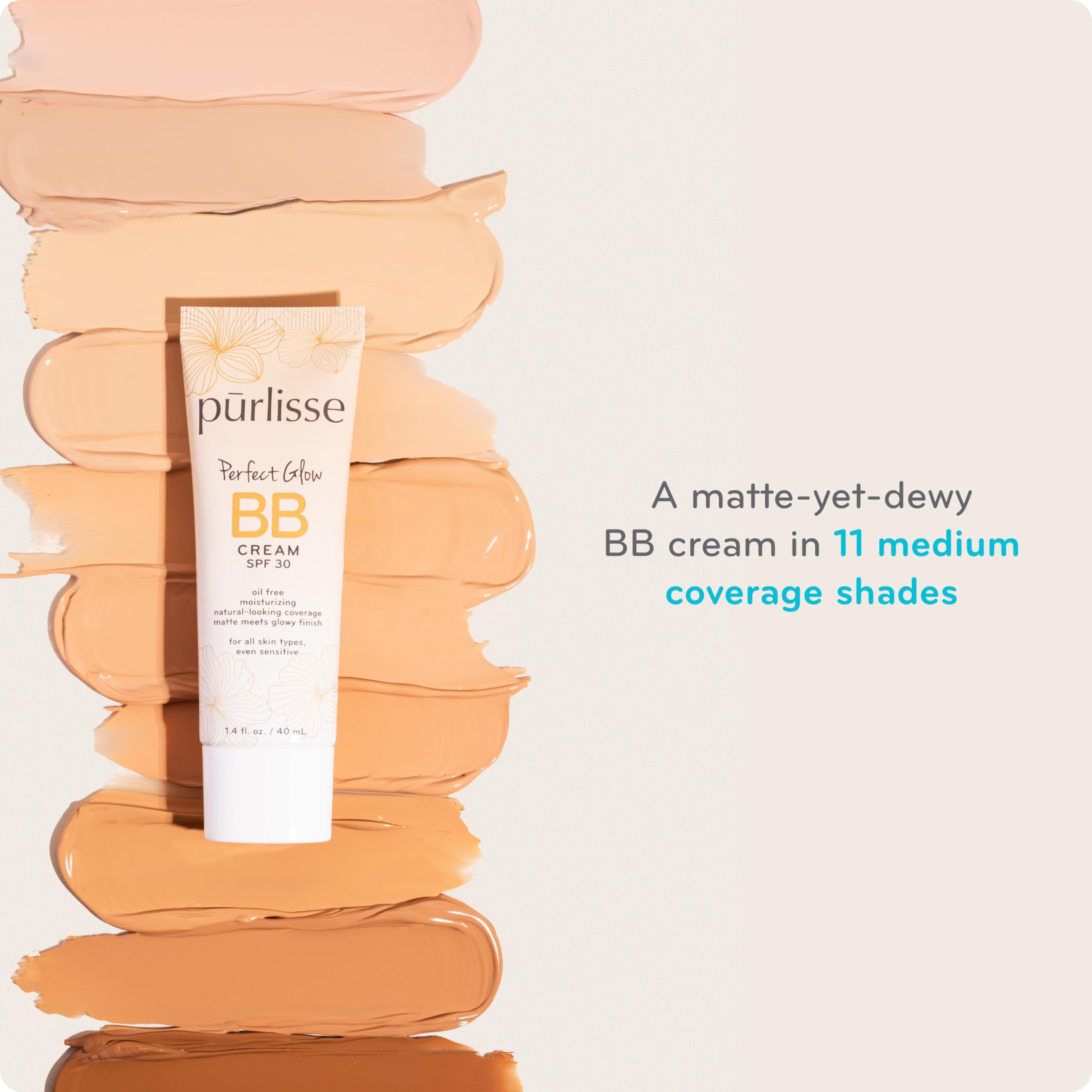 pūrlisse Perfect Glow BB Cream SPF 30 - Luminous Matte Tinted Moisturizer with SPF - Korean Skin Care Formula with Goji & Hawthorn Berry to Hydrate, Brighten & Even Skin - Light Medium (1.4 oz)