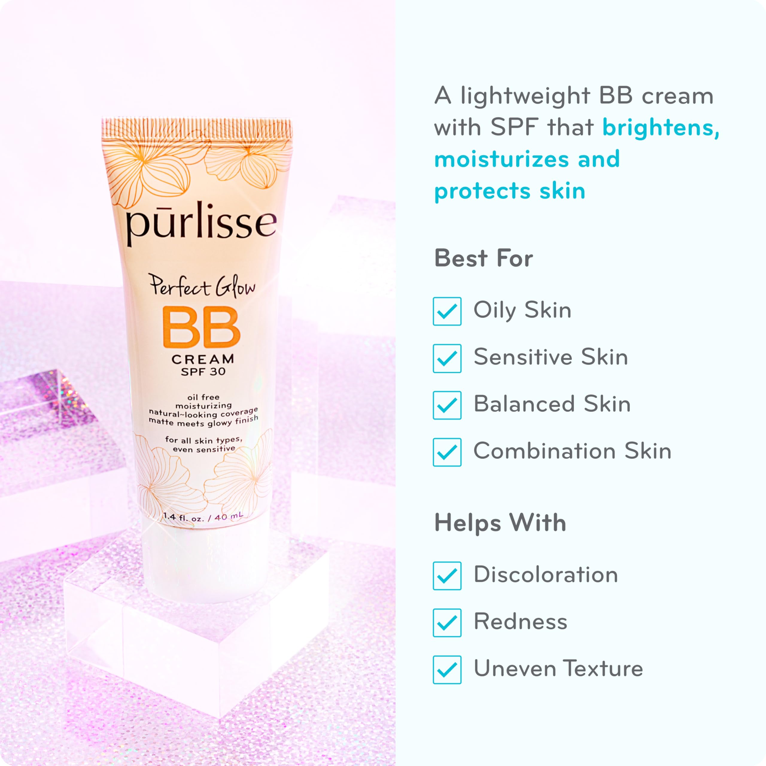pūrlisse Perfect Glow BB Cream SPF 30 - Luminous Matte Tinted Moisturizer with SPF - Korean Skin Care Formula with Goji & Hawthorn Berry to Hydrate, Brighten & Even Skin - Light Medium (1.4 oz)