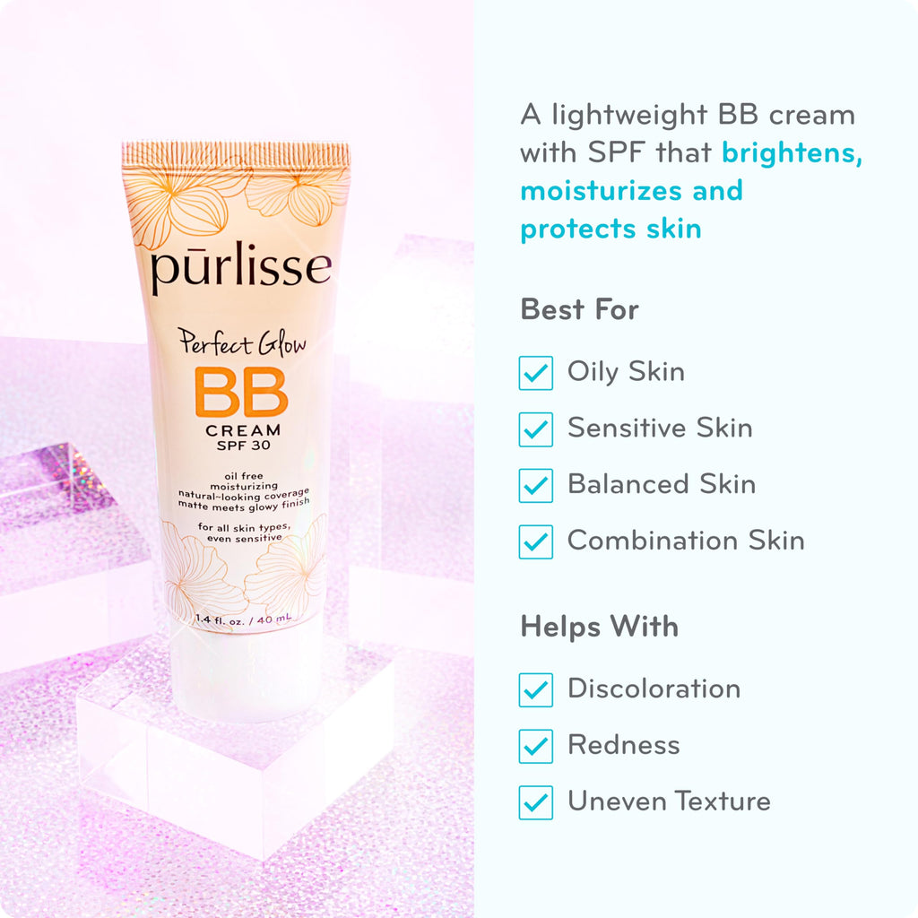 pūrlisse Perfect Glow BB Cream SPF 30 - Luminous Matte Tinted Moisturizer with SPF - Korean Skin Care Formula with Goji & Hawthorn Berry to Hydrate, Brighten & Even Skin - Light Medium (1.4 oz)