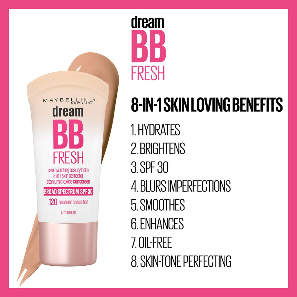 Maybelline Dream Fresh Skin Hydrating BB cream, 8-in-1 Skin Perfecting Beauty Balm with Broad Spectrum SPF 30, Sheer Tint Coverage, Oil-Free, Medium, 1 Fl Oz